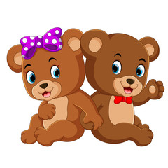 two cute bears using the ribbon and they are sitting together