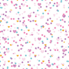 Pastel confetti hearts seamless repeat pattern. Great for Valentines Day or wedding invitations, cards, backgrounds, gifts, packaging design projects. Surface pattern design.