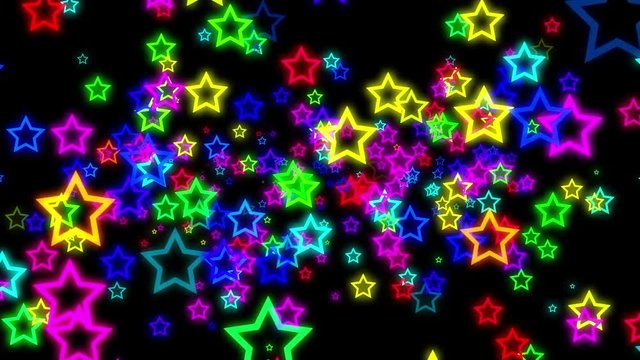 Seamless HD animated background featuring glowing neon stars flying toward the camera.