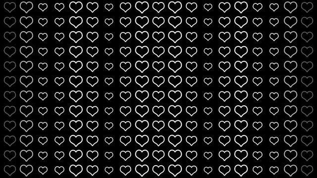 Seamless HD animated background featuring white hearts forming a wall over black background. 