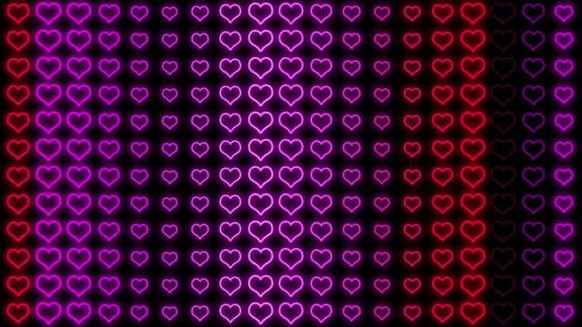 Seamless HD animated background featuring glowing pink, purple and red neon hearts forming a wall