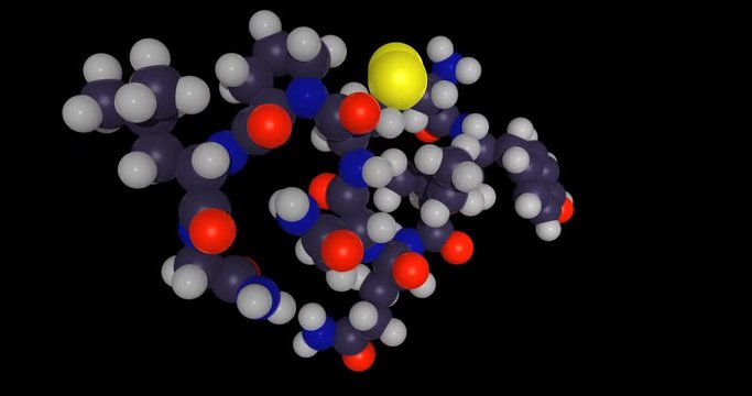 3d chemical structure of oxytocin molecule, neurotransmitter and hormone, rendered as footage with transparent background (alpha channel), tumbling in infinite seamless loop in 4K, UHD, 2160p.