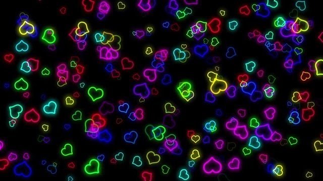 Valentines raibow color  glowing neon hearts particles floatign to the right