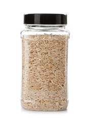 Jar with brown rice on white background