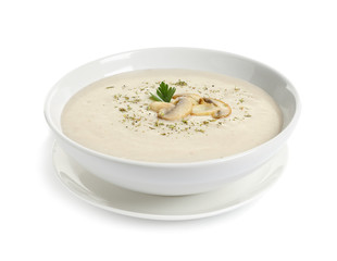 Dish with mushroom cream soup on white background. Healthy food