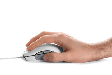 Man using computer mouse on white background