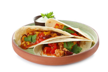 Plate of tortillas with chili con carne on white background