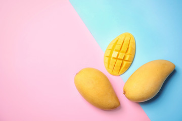 Flat lay composition with mango fruits on color background. Space for text