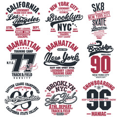 T-shirt stamp graphic set. Sport wear typography emblem