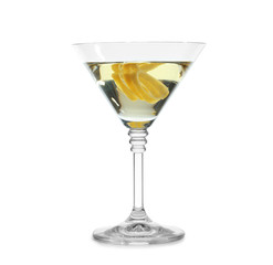 Glass of martini cocktail with lemon zest on white background