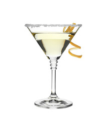 Glass of classic martini cocktail with lemon zest on white background