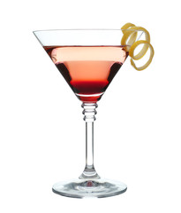 Glass of martini cocktail with lemon zest on white background