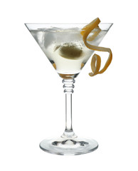 Glass of classic martini cocktail with ice cubes, lemon zest and olive on white background