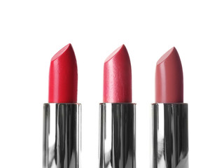 Obraz premium Lipsticks of different shades on white background