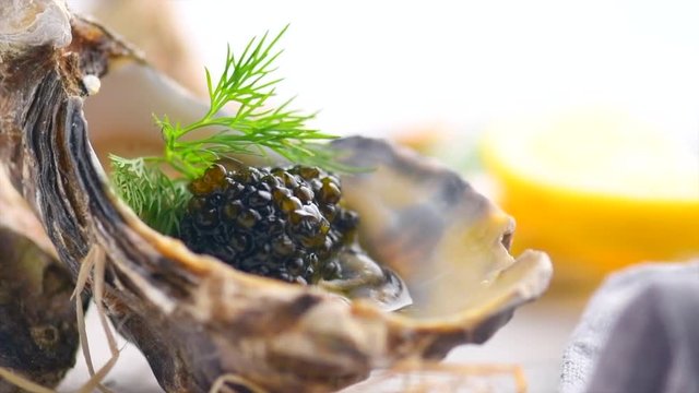 Fresh oysters with black caviar. Opened oysters with black sturgeon caviar. Gourmet food. Delicatessen. Slow motion 4K UHD video footage. 3840X2160