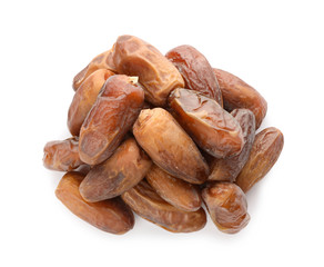 Sweet dates on white background, top view. Dried fruit as healthy snack