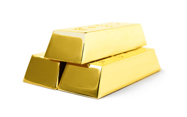 Stack of shining gold bars isolated on white