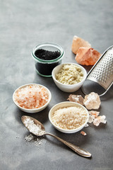 Containers of assorted natural culinary salts
