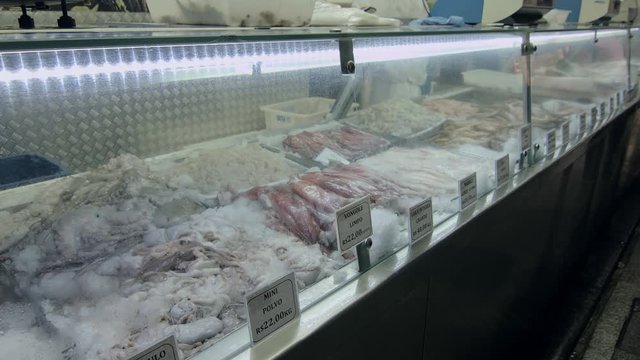 Several types of frozen fish in the municipal market of São Paulo