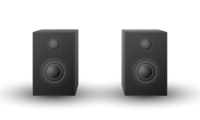 Obraz premium Front view vector of realistic modern black shaded audio speakers on white background.