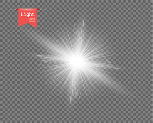 The white clear light of the sun. Bright explosion, sparkling flash with rays. Star Shine. Vector design element isolated on a transparent background.