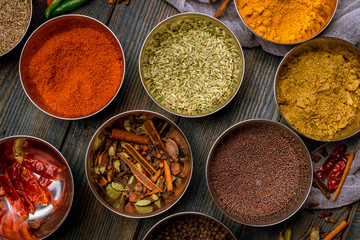 different Indian spices top view