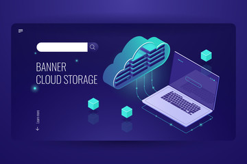 Cloud database computing, isometric icon of data transfer from cloud stock, laptop, remote data processing outsourcing, dark neon violet
