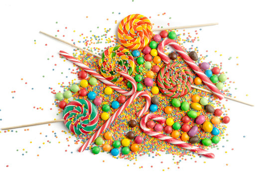 pile of colorful sweet candys on white background