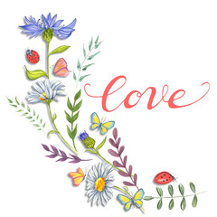A Watercolor of Flowers and inscription Love.
