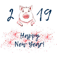 Cute pig in watercolour spots. Watercolor Symbol zodiac sign.