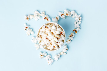 popcorn laid out in the shape of a heart close-up, top view