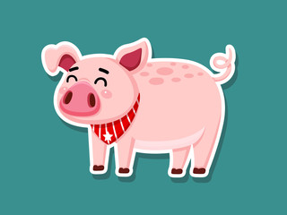 Cute cartoon fat Pig Sticker on color background. Vector Illustration cartoon style.