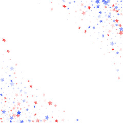 Flying red blue white star sparkles on white vector american patriotic background.