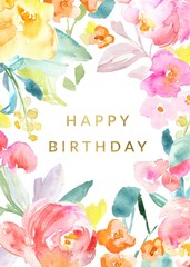 Tropical Floral Happy Birthday Card with Colorful Flowers. Printable Happy Birthday Card