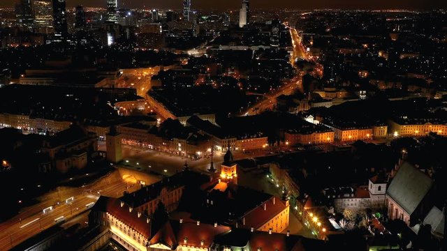 View from the height of the royal castle in the old town at night, Warsaw, Poland. Time lapce