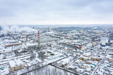 winter cityscape view of industrial area and residential district in Minsk, Belarus