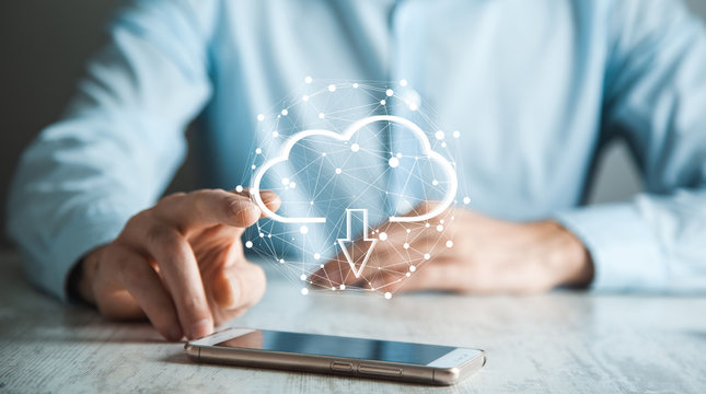 Man touching a cloud networking hand phone