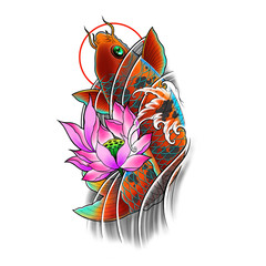 Hand drawn koi fish with lotus flower and water wave tattoo design, Digital art painting, japanese tattoo style, tattoo flash image.