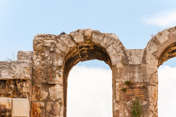 Couple of doves sitting on ancient ruins, stone arches with sky on the background