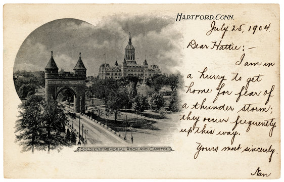 A 1904 postcard with beautiful handwriting. Vintage photographs show Hartford, Connecticut, in the early 20th century.  Writer mentions changing weather, a recognized aspect of Connecticut living