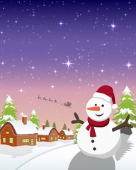 Vector illustration of Merry christmas typography on purple and pink background with snowman and house
