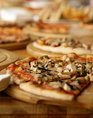buffet table for a banquet, sandwich and pizza