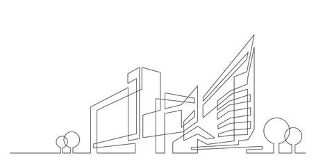 Tuinposter abstract architecture city skyline with trees - single line vector graphics on white background © OneLineStock