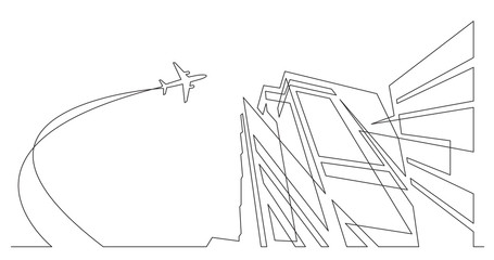 abstract architecture city skyscrapers with airplane in sky - single line vector graphics on white background