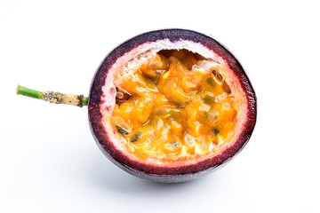 Cut fresh passion fruit on white background