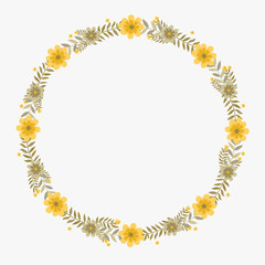 Floral greeting card and invitation template for wedding or birthday anniversary, Vector circle shape of text box label and frame, Yellow cosmos flowers wreath ivy style with branch and leaves.