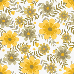 Floral vector artwork for apparel and fashion fabrics, Yellow cosmos flowers wreath ivy style with branch and leaves. Seamless patterns background.