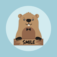 Funny groundhog on round blue  background with smile card. Vector Design with Cute Marmot Character - Advertising Poster or Flyer Template
