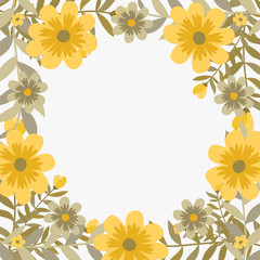 Floral greeting card and invitation template for wedding or birthday anniversary, Vector circle shape of text box label and frame, Yellow cosmos flowers wreath ivy style with branch and leaves.