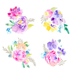 Colorful, Spring Watercolor Flower Bouquets on Isolated White Background